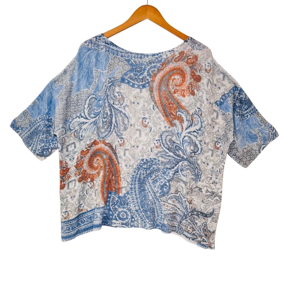 Chicos Knit Top Womens 3 Blue Paisley Orange Short Sleeve Lightweight XL‎ Beach - Picture 6 of 13